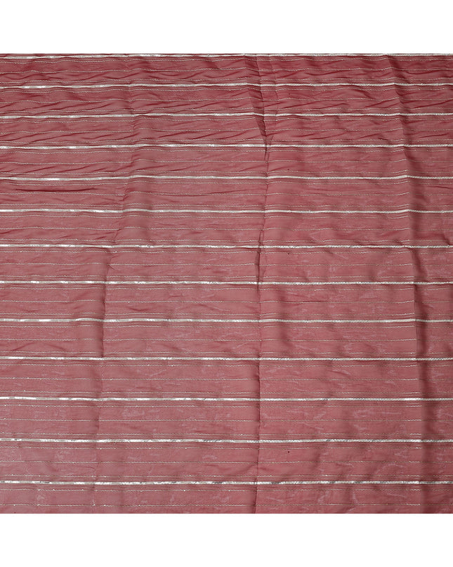 Maroon Silver Zari Striped Synthetic Georgette Chiffon Fabric, 110 Cms Width, Made in India-D26193