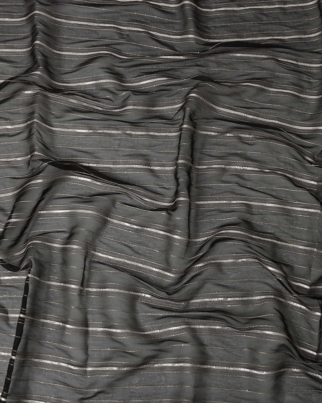 Charcoal Silver Zari Striped Synthetic Georgette Chiffon Fabric, 110 Cms Width, Made in India-D26204