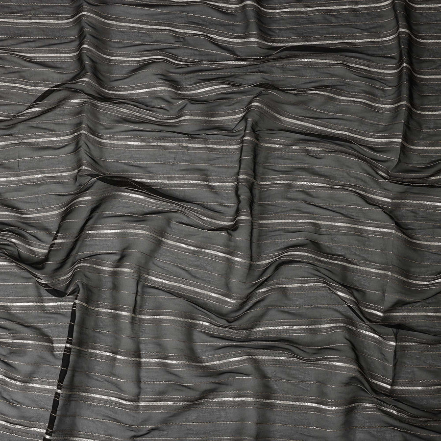 Charcoal Silver Zari Striped Synthetic Georgette Chiffon Fabric, 110 Cms Width, Made in India-D26204
