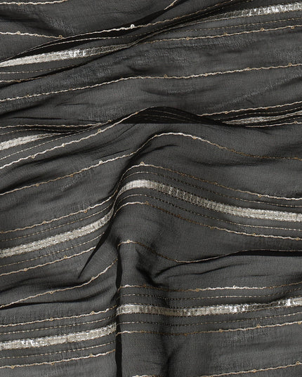 Charcoal Silver Zari Striped Synthetic Georgette Chiffon Fabric, 110 Cms Width, Made in India-D26204