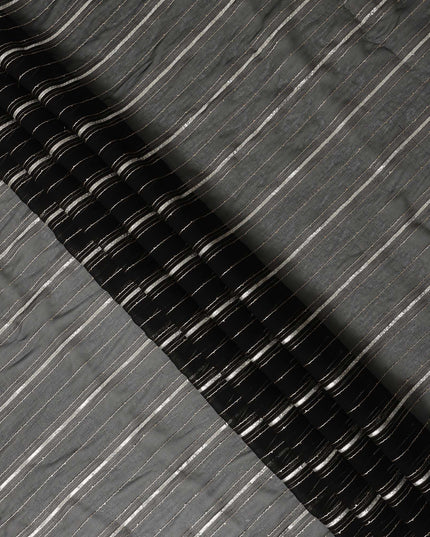 Charcoal Silver Zari Striped Synthetic Georgette Chiffon Fabric, 110 Cms Width, Made in India-D26204