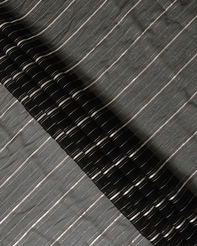 Charcoal Silver Zari Striped Synthetic Georgette Chiffon Fabric, 110 Cms Width, Made in India-D26204