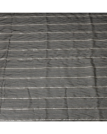 Charcoal Silver Zari Striped Synthetic Georgette Chiffon Fabric, 110 Cms Width, Made in India-D26204