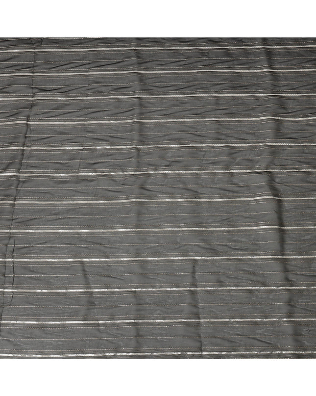 Charcoal Silver Zari Striped Synthetic Georgette Chiffon Fabric, 110 Cms Width, Made in India-D26204