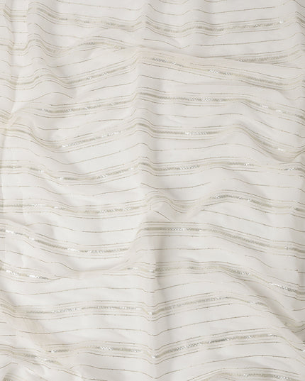 White Silver Zari Striped Synthetic Georgette Chiffon Fabric, 110 Cms Width, Made in India-D26196