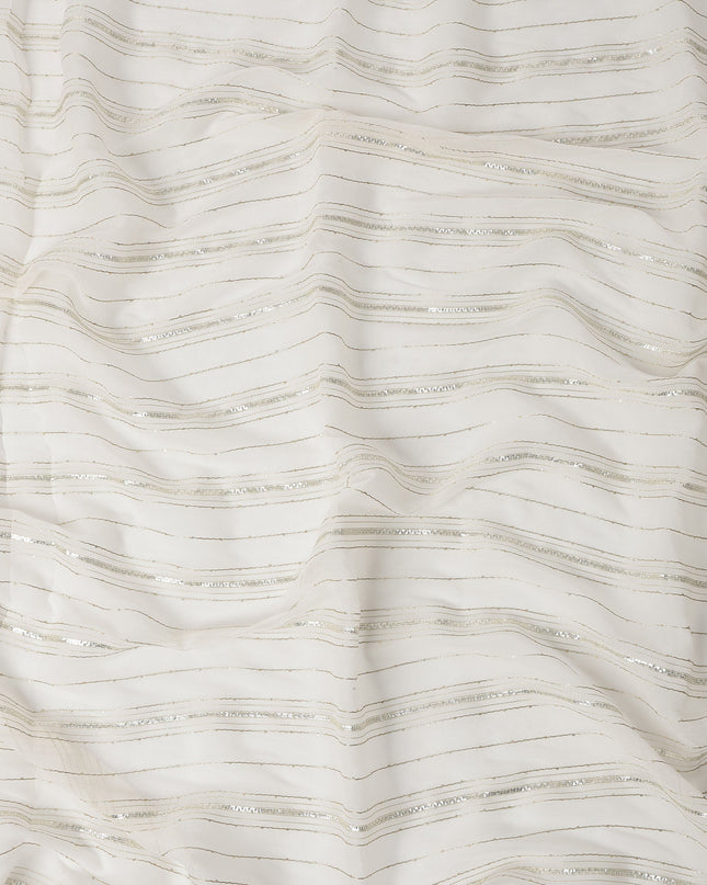 White Silver Zari Striped Synthetic Georgette Chiffon Fabric, 110 Cms Width, Made in India-D26196