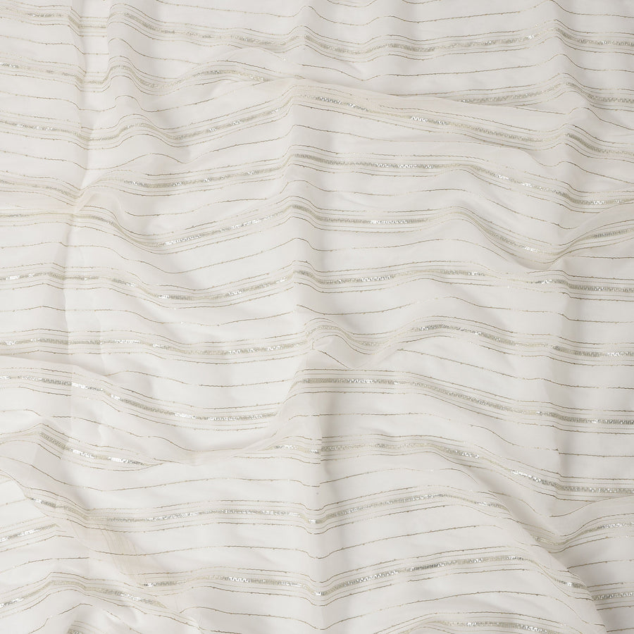 White Silver Zari Striped Synthetic Georgette Chiffon Fabric, 110 Cms Width, Made in India-D26196