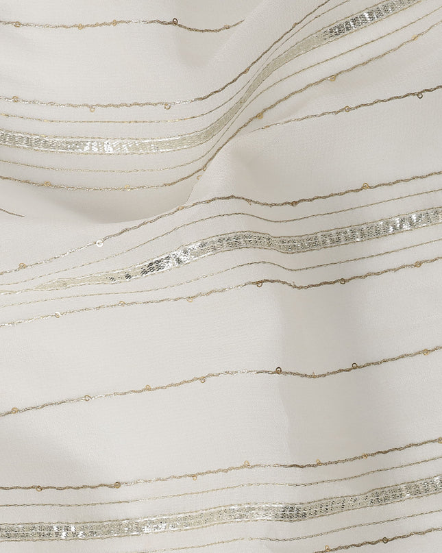 White Silver Zari Striped Synthetic Georgette Chiffon Fabric, 110 Cms Width, Made in India-D26196