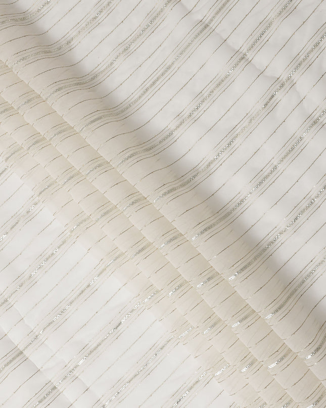 White Silver Zari Striped Synthetic Georgette Chiffon Fabric, 110 Cms Width, Made in India-D26196