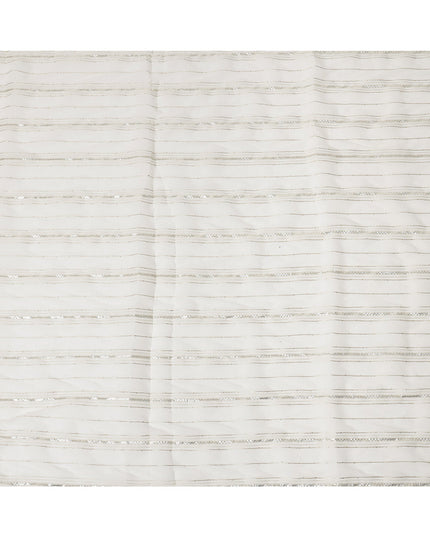 White Silver Zari Striped Synthetic Georgette Chiffon Fabric, 110 Cms Width, Made in India-D26196