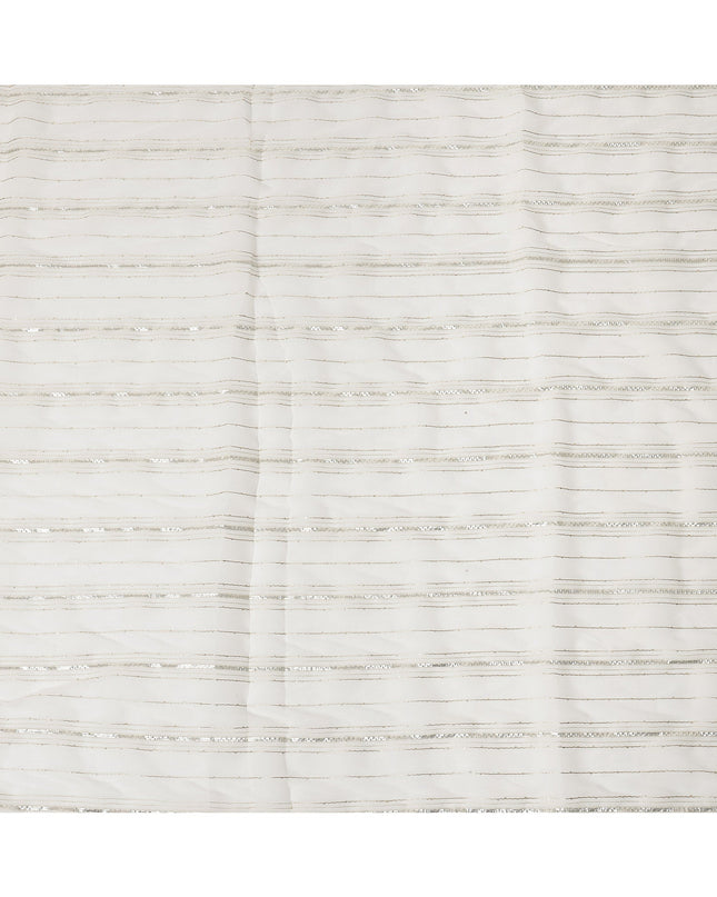 White Silver Zari Striped Synthetic Georgette Chiffon Fabric, 110 Cms Width, Made in India-D26196