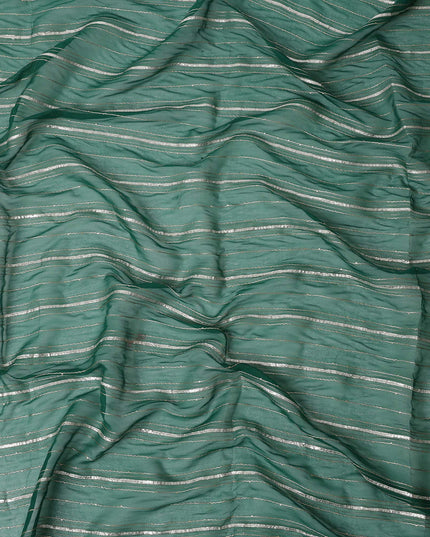 Teal Green Silver Zari Striped Synthetic Georgette Chiffon Fabric, 110 Cms Width, Made in India-D26198