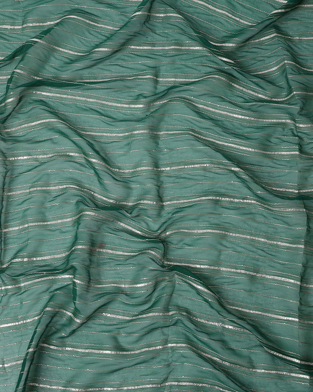 Teal Green Silver Zari Striped Synthetic Georgette Chiffon Fabric, 110 Cms Width, Made in India-D26198