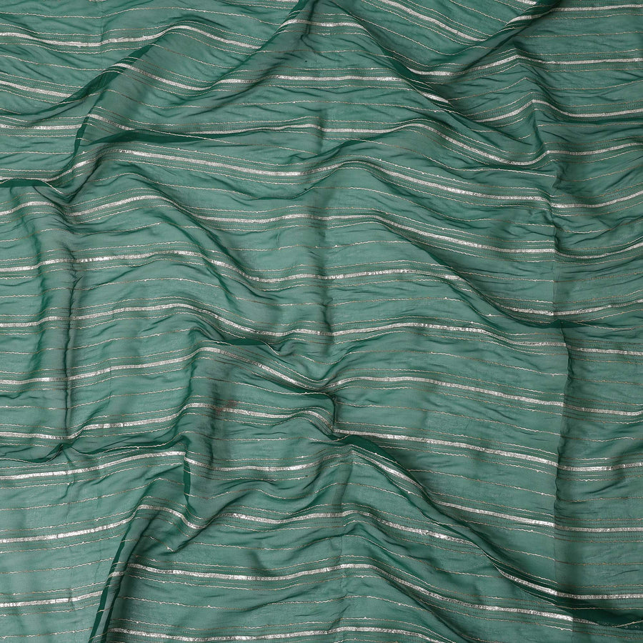 Teal Green Silver Zari Striped Synthetic Georgette Chiffon Fabric, 110 Cms Width, Made in India-D26198