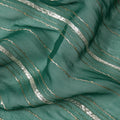 Teal Green Silver Zari Striped Synthetic Georgette Chiffon Fabric, 110 Cms Width, Made in India-D26198