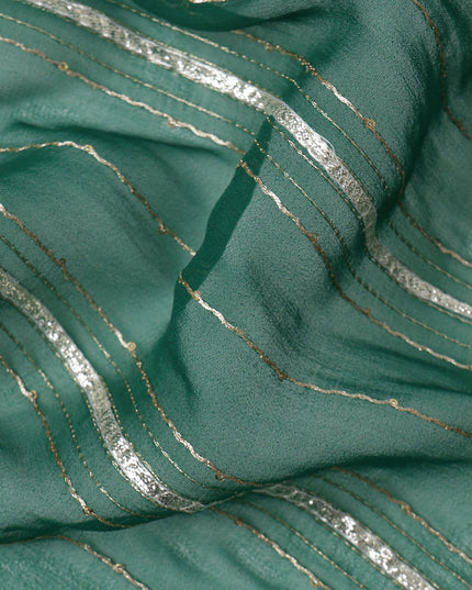 Teal Green Silver Zari Striped Synthetic Georgette Chiffon Fabric, 110 Cms Width, Made in India-D26198