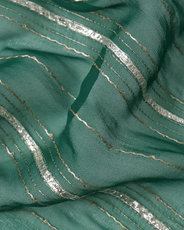 Teal Green Silver Zari Striped Synthetic Georgette Chiffon Fabric, 110 Cms Width, Made in India-D26198