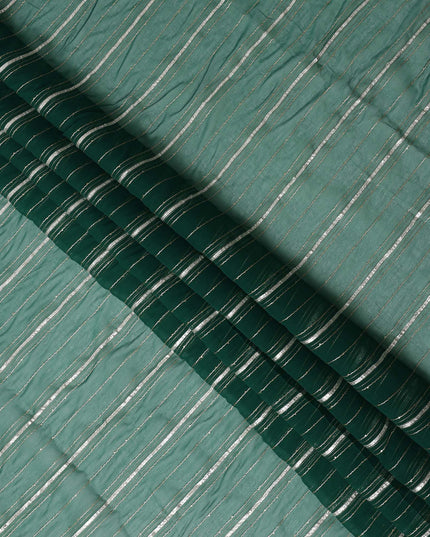 Teal Green Silver Zari Striped Synthetic Georgette Chiffon Fabric, 110 Cms Width, Made in India-D26198