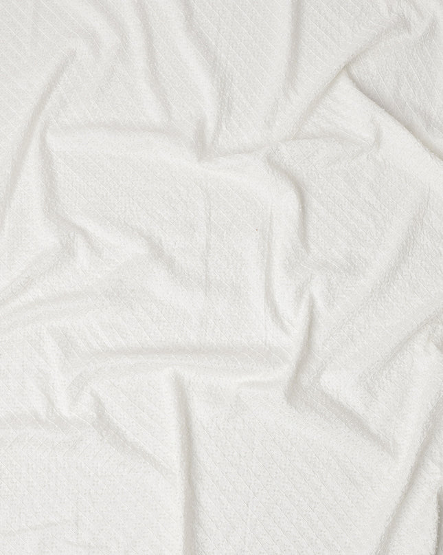 White Self-Embroidered Diamond Pattern Synthetic Viscose Fabric, 110 Cms Width, Made in India-D26370