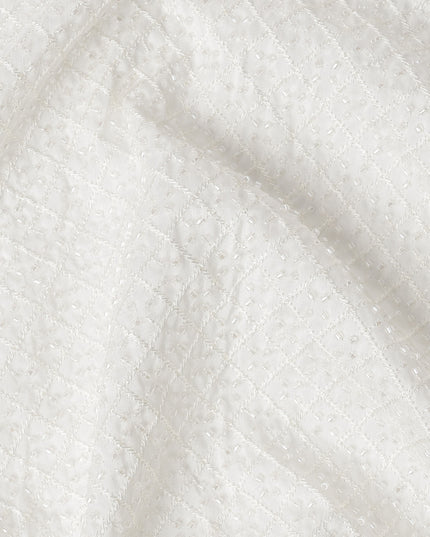 White Quilted Micro-Dotted Textured Synthetic Blended Fabric, 110 cm Width, Made in India-D26647