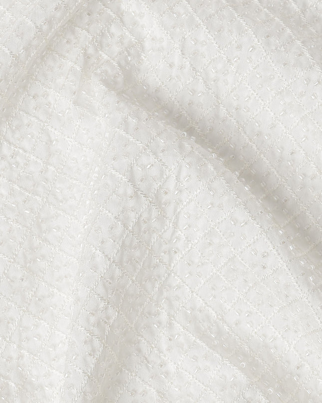 White Quilted Micro-Dotted Textured Synthetic Blended Fabric, 110 cm Width, Made in India-D26647