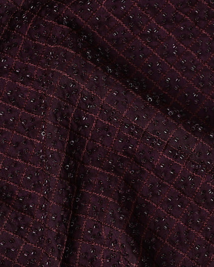 Maroon Self-Embroidered Diamond Pattern Synthetic Viscose Fabric, 110 Cms Width, Made in India-D26371
