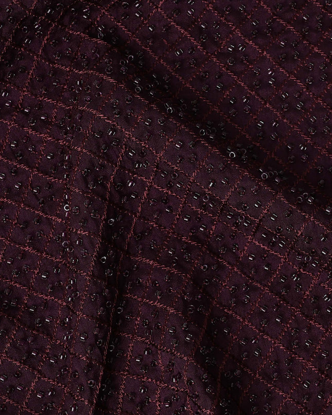 Maroon Self-Embroidered Diamond Pattern Synthetic Viscose Fabric, 110 Cms Width, Made in India-D26371