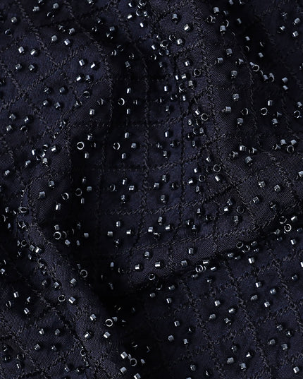 Navy Blue Self-Embroidered Dotted Pattern Synthetic Viscose Fabric, 110 Cms Width, Made in India-D26372