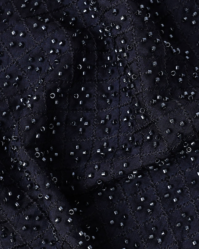 Navy Blue Self-Embroidered Dotted Pattern Synthetic Viscose Fabric, 110 Cms Width, Made in India-D26372