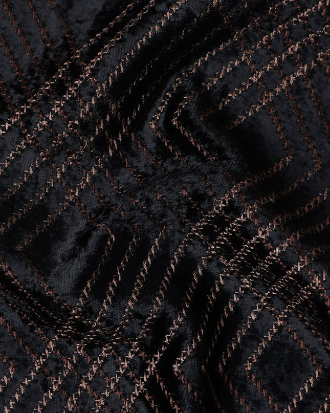 Jet Black Self Trellis Synthetic Blended Velvet Fabric