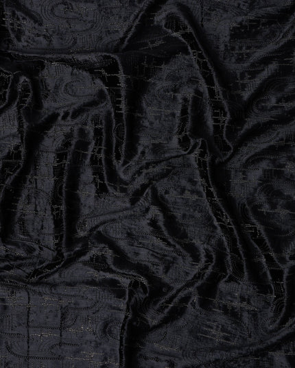 Coal Black Self Paisley Synthetic Blended Velvet Fabric