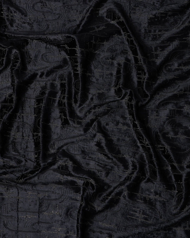 Coal Black Self Paisley Synthetic Blended Velvet Fabric