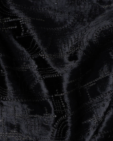 Coal Black Self Paisley Synthetic Blended Velvet Fabric