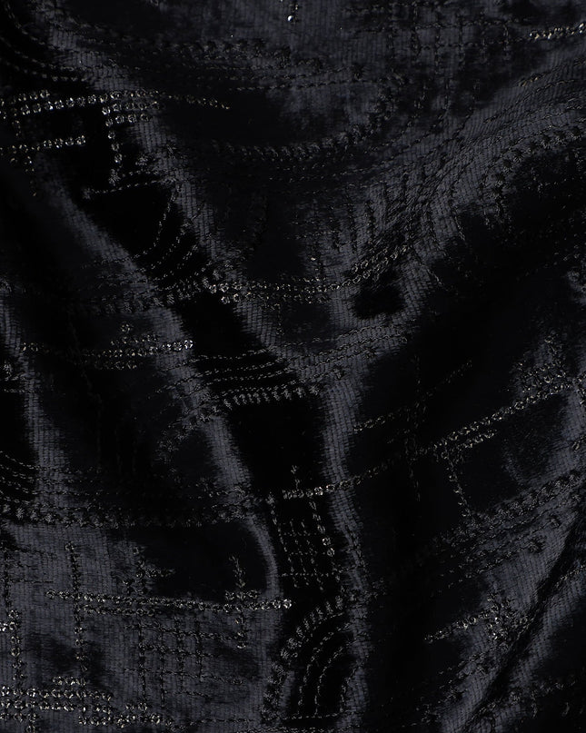 Coal Black Self Paisley Synthetic Blended Velvet Fabric