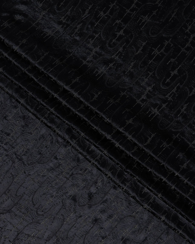 Coal Black Self Paisley Synthetic Blended Velvet Fabric