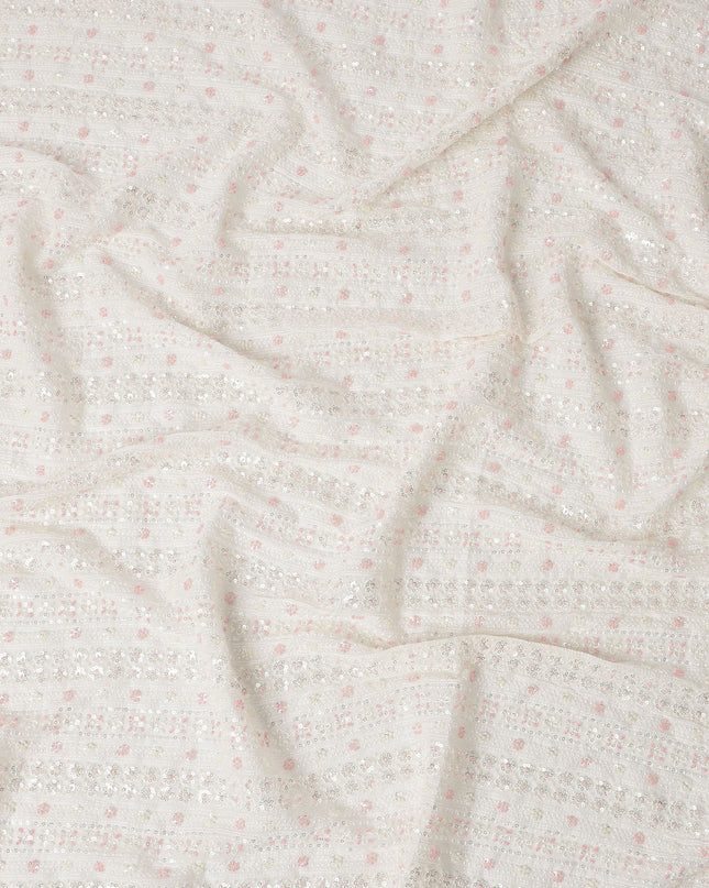 White Floral Sequin and Textured Stripe Synthetic Blended Georgette Fabric, 110 cm Width, Made in India-D26649