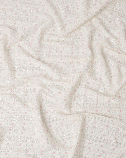 Off White Sequin Embroidered Striped Pattern Synthetic Viscose Fabric, 110 Cms Width, Made in India-D26374