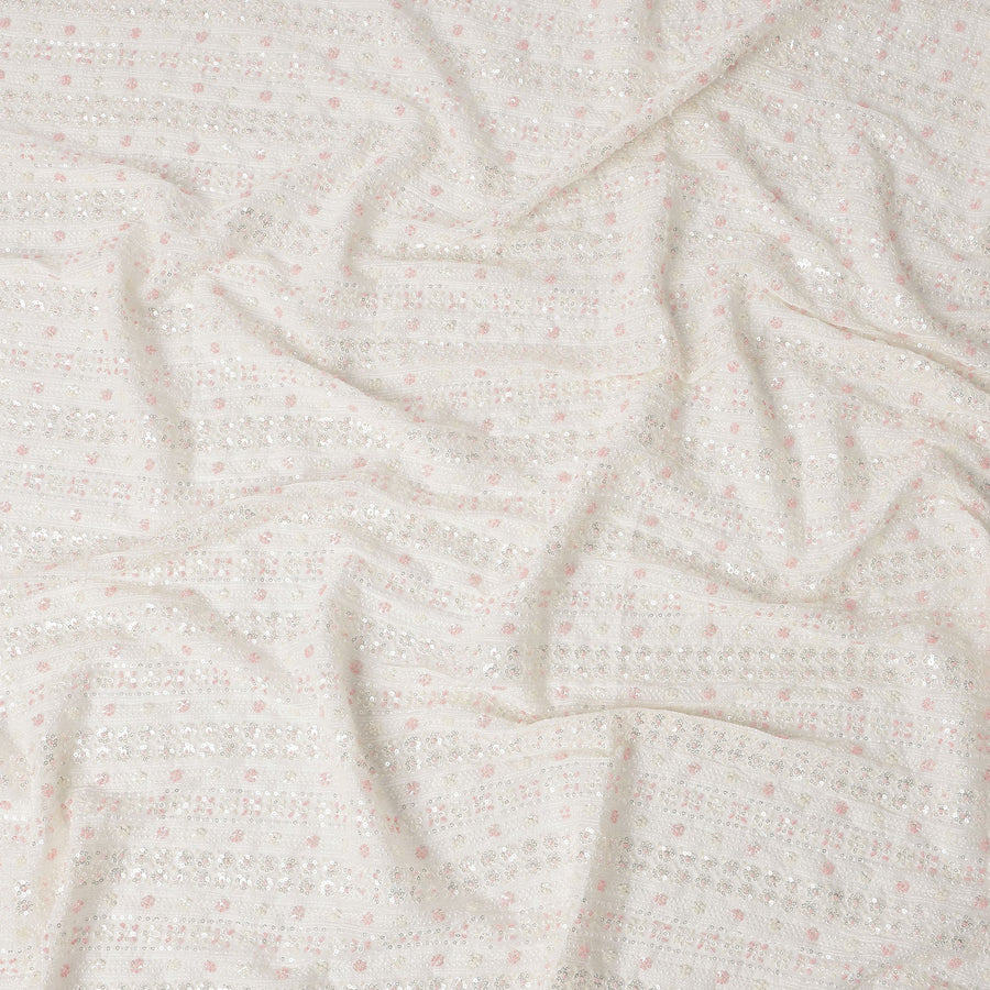 Off White Sequin Embroidered Striped Pattern Synthetic Viscose Fabric, 110 Cms Width, Made in India-D26374
