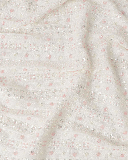 White Floral Sequin and Textured Stripe Synthetic Blended Georgette Fabric, 110 cm Width, Made in India-D26649