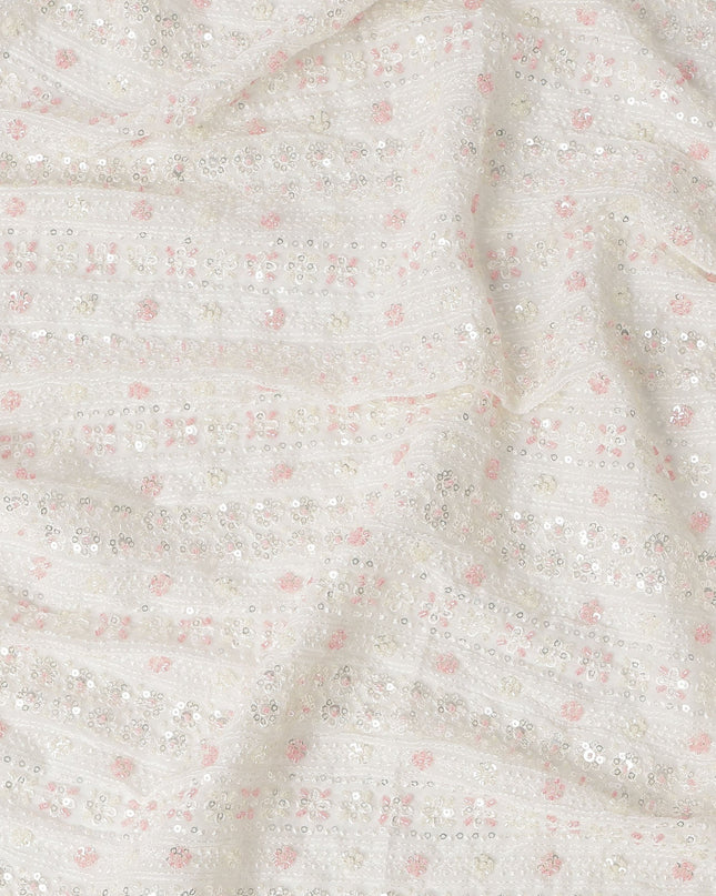 White Floral Sequin and Textured Stripe Synthetic Blended Georgette Fabric, 110 cm Width, Made in India-D26649
