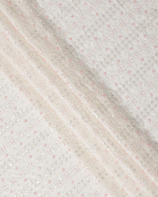 Off White Sequin Embroidered Striped Pattern Synthetic Viscose Fabric, 110 Cms Width, Made in India-D26374