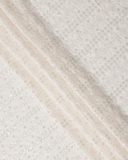 White Floral Sequin and Textured Stripe Synthetic Blended Georgette Fabric, 110 cm Width, Made in India-D26649