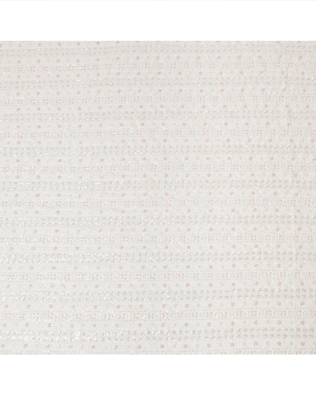 White Floral Sequin and Textured Stripe Synthetic Blended Georgette Fabric, 110 cm Width, Made in India-D26649