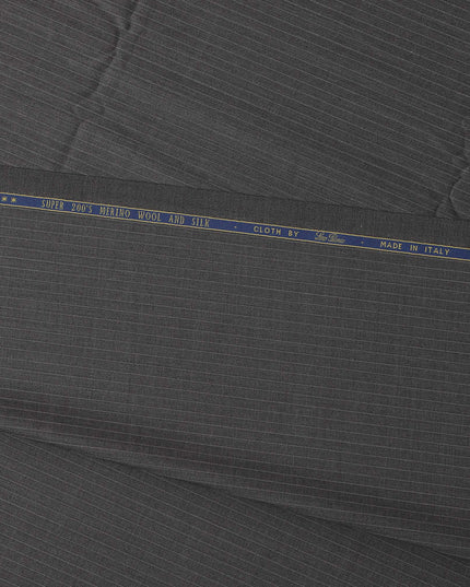 Charcoal Grey Pinstripe Super 200’s Merino Wool & Silk Suiting Fabric, 150 cm Width, 3.75 Mtrs Piece, Loro Piana Premium Cloth, Made In Italy-D26793