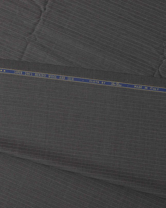 Charcoal Grey Pinstripe Super 200’s Merino Wool & Silk Suiting Fabric, 150 cm Width, 3.75 Mtrs Piece, Loro Piana Premium Cloth, Made In Italy-D26793