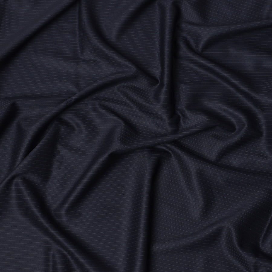 Navy Blue Pinstripe Super 200’s Merino Wool & Silk Suiting Fabric, 150 cm Width, 3.75 Mtrs Piece, Loro Piana Premium Cloth, Made In Italy-D26794