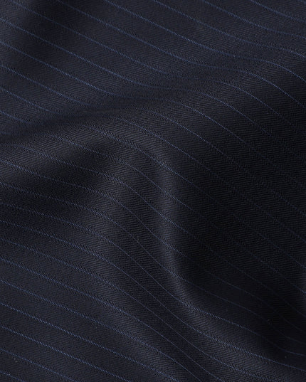 Navy Blue Pinstripe Super 200’s Merino Wool & Silk Suiting Fabric, 150 cm Width, 3.75 Mtrs Piece, Loro Piana Premium Cloth, Made In Italy-D26794