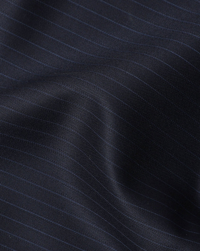 Navy Blue Pinstripe Super 200’s Merino Wool & Silk Suiting Fabric, 150 cm Width, 3.75 Mtrs Piece, Loro Piana Premium Cloth, Made In Italy-D26794