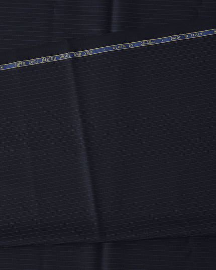 Navy Blue Pinstripe Super 200’s Merino Wool & Silk Suiting Fabric, 150 cm Width, 3.75 Mtrs Piece, Loro Piana Premium Cloth, Made In Italy-D26794
