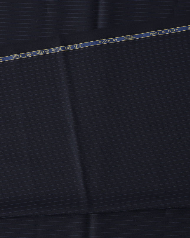 Navy Blue Pinstripe Super 200’s Merino Wool & Silk Suiting Fabric, 150 cm Width, 3.75 Mtrs Piece, Loro Piana Premium Cloth, Made In Italy-D26794